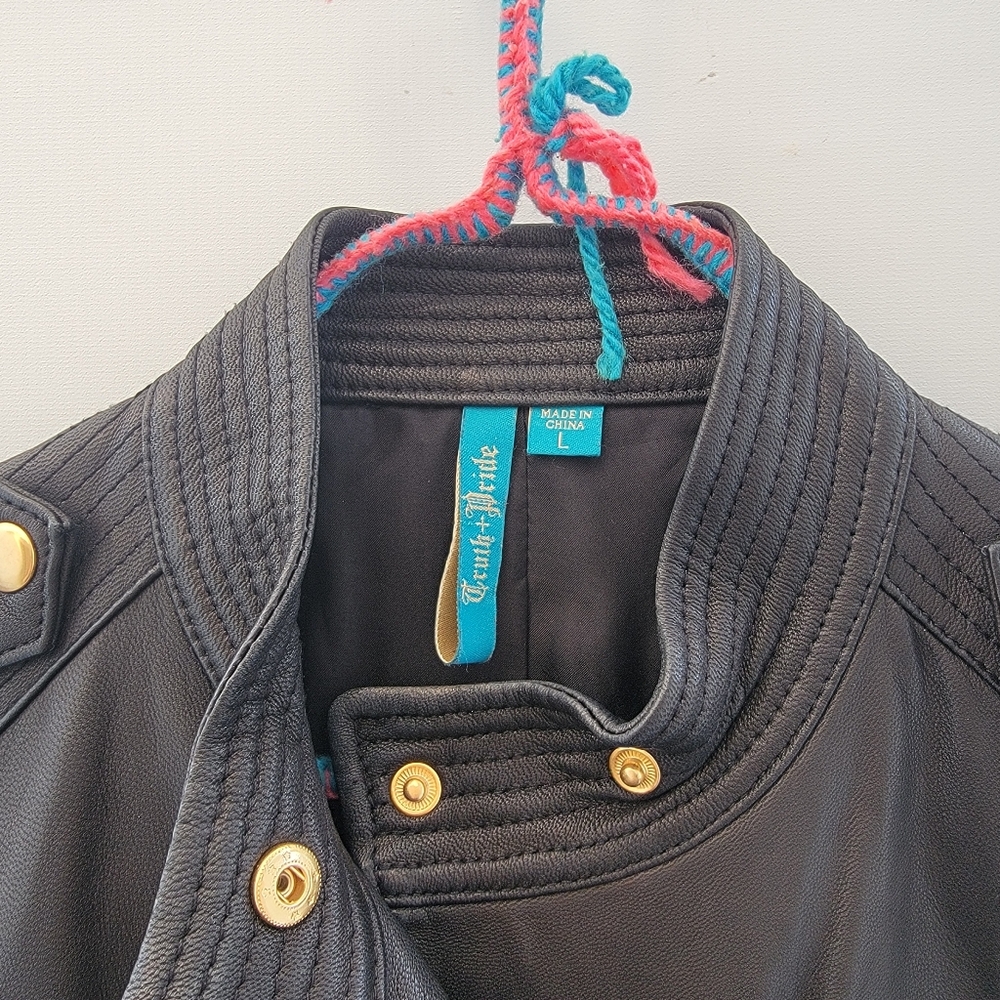 Truth+Pride Black Leather Moto Jacket Size Large Minimalist Classic Gold Neutral - Picture 6 of 16